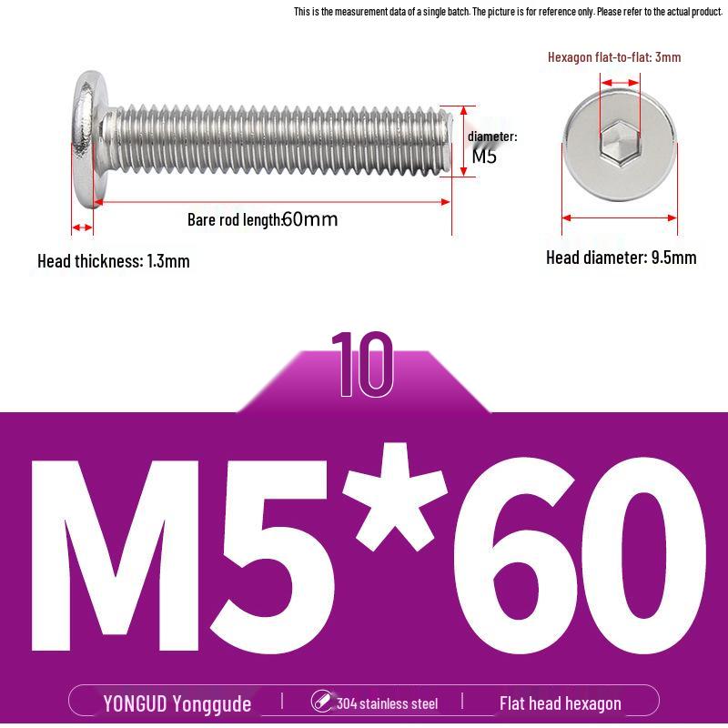 304 Stainless Steel Ultra-Thin Flat Head Hex Socket Bolt, M2-M12