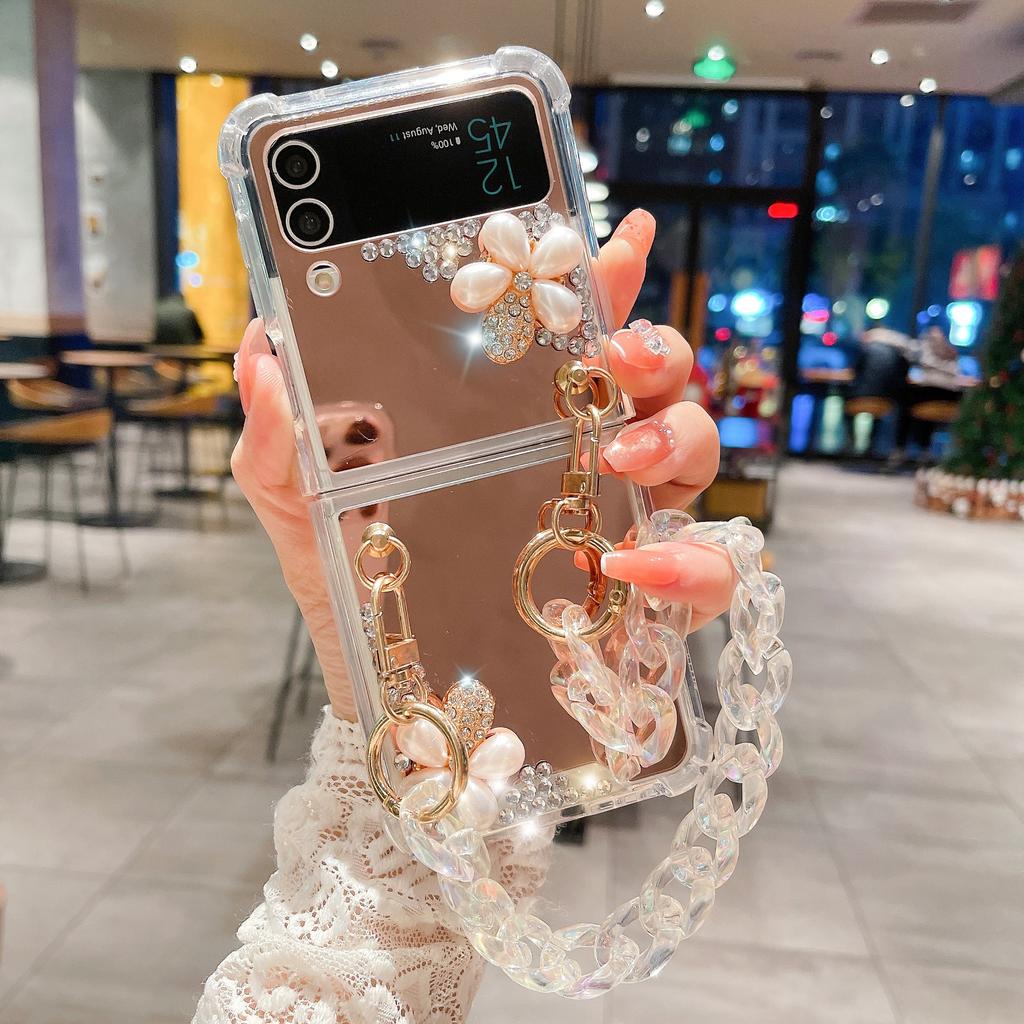 Applicable To Samsung Zflip4 Mobile Phone Case, Rhinestone Mirror Diagonal Flower Zflip3 Bracelet All-inclusive Women's Folding Protective Case