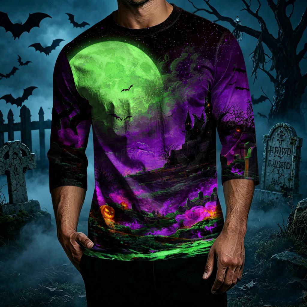 Men's Casual Halloween Print Crew Neck T Shirt Three Quarter Sleeve Top with Graphic Design for Seasonal Wear
