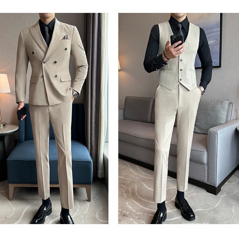 Korean-Style Apricot Double-Breasted Men's Suit, 2024 Autumn Wedding & Best Man Attire