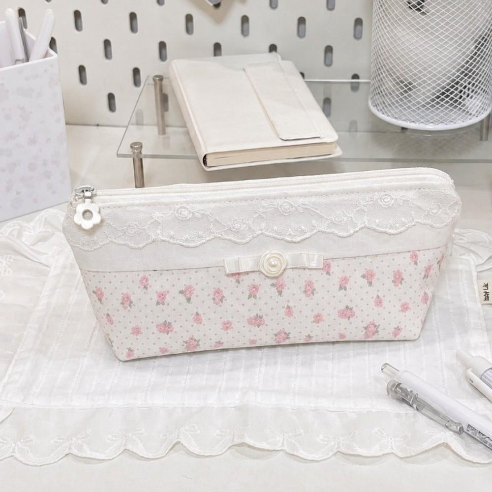 Large Capacity Pen Bag Lace Floral Design Stationery Organizer Fresh Pencil Case Gift
