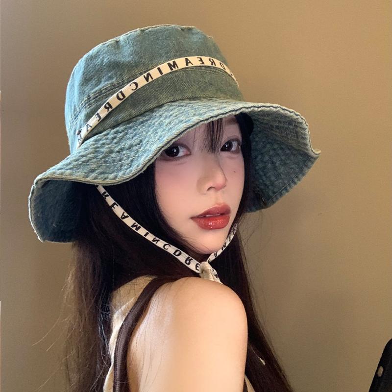 Outdoor Buchstabenband Denim Fischerhut Kinder Sommer große Krempe Sonnenschutz Bucket Hat Sonnenschutz Bergsteigerhut