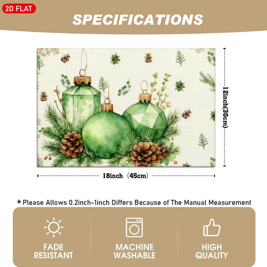 Set of 4/6 Christmas-Themed Placemats Featuring Green Christmas Balls, Pine Cones, And Pine Branch Designs, Suitable for Holiday Table Decoration, Chr