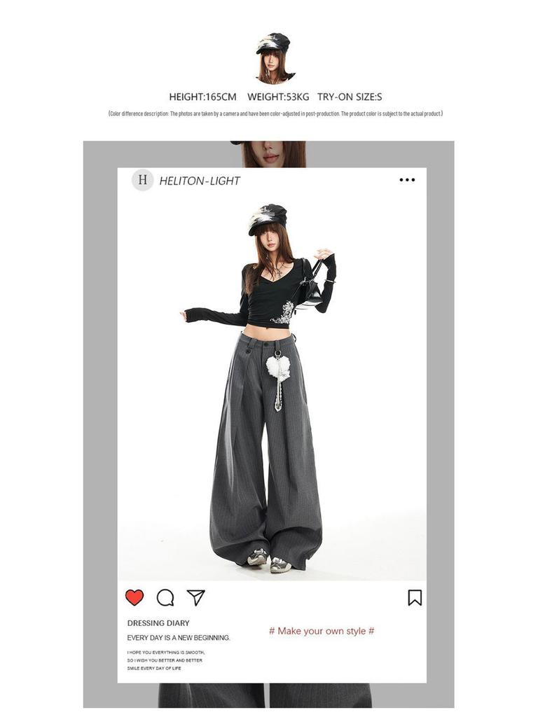 Gray Striped Wide-Leg High-Waisted Women's Pants - 2026 Spring Arrival, Straight and Slimming Versatile Suit Style.