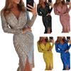 Women Sexy Gold Foil V Neck Long Sleeve Slit Bodycon Midi Evening Party Dress