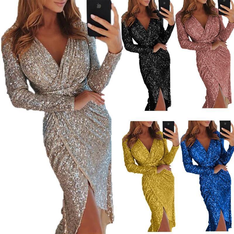 Women Sexy Gold Foil V Neck Long Sleeve Slit Bodycon Midi Evening Party Dress