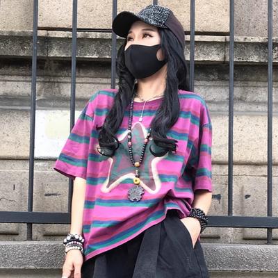 DIMANAF 2025 Літня футболка жіноча Зшита Зірковий принт Смужка Коротка рукава Вільний Чорний