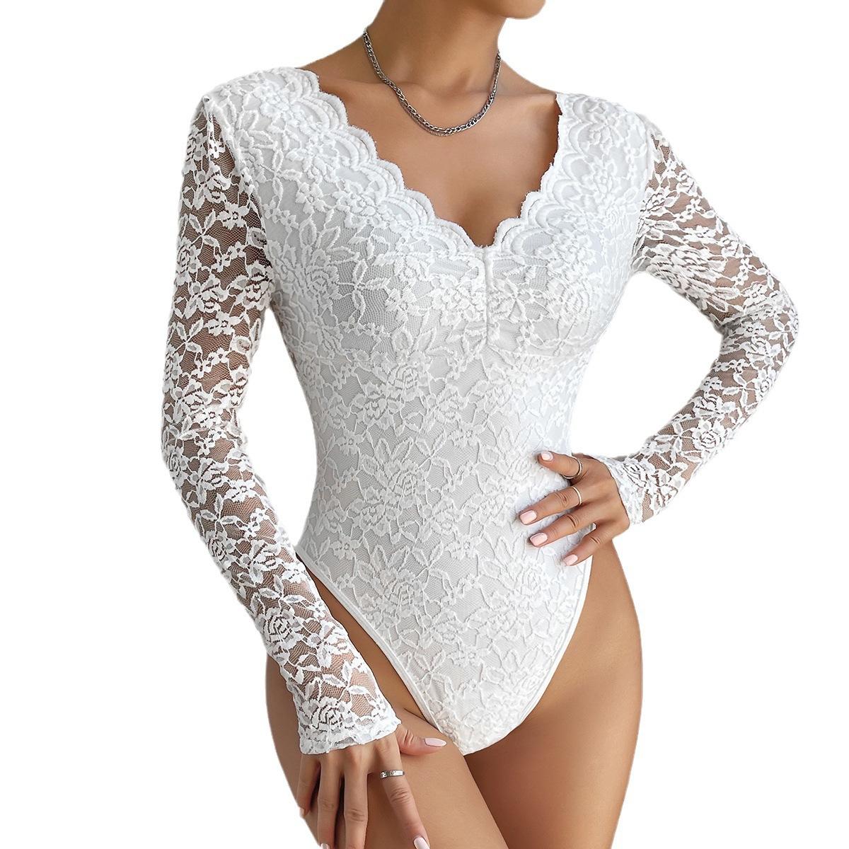 Sexy Solid Color Lace Long Sleeved See-through Slim Bodysuit XS белый