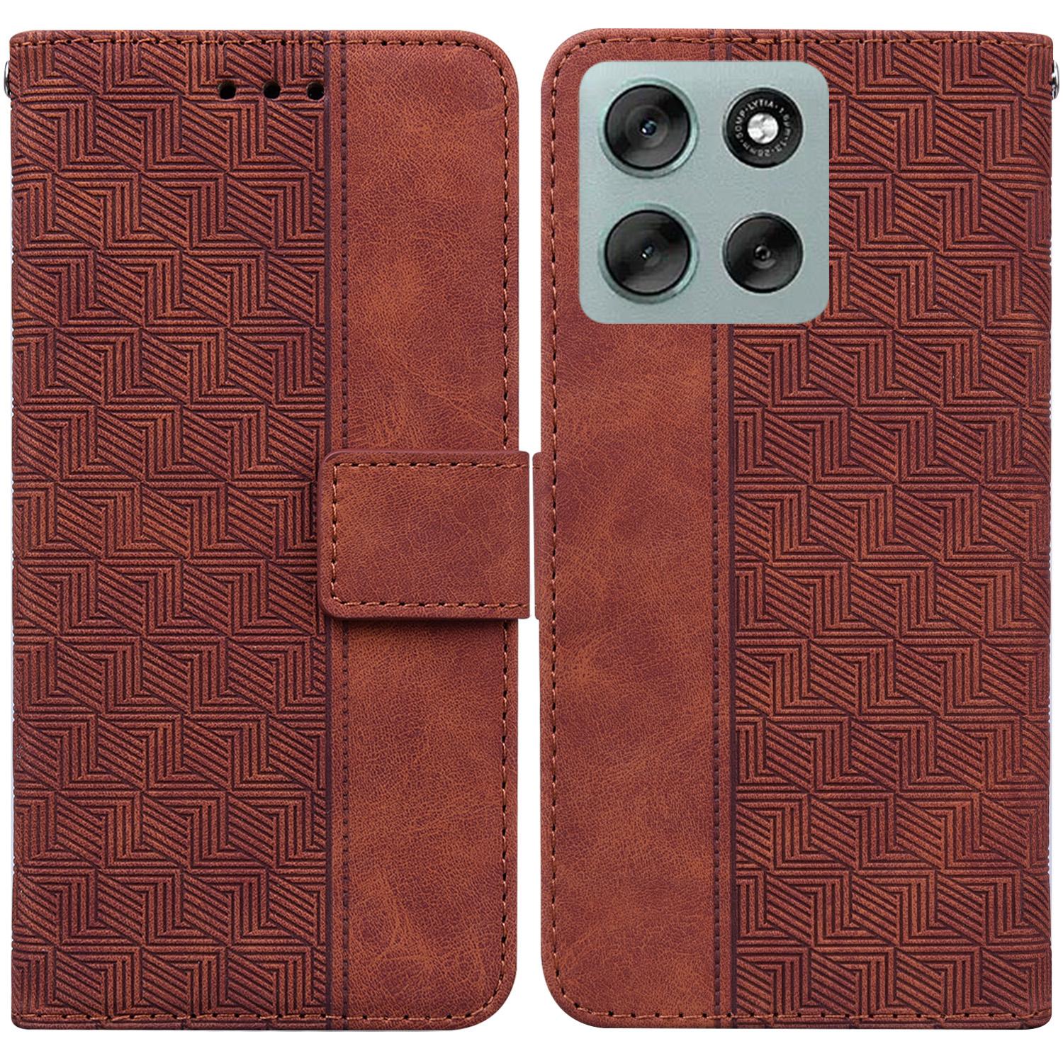 

For Motorola Moto G56 5G Case Geometry Pattern Leather Wallet Phone Cover with Wrist Strap Brown