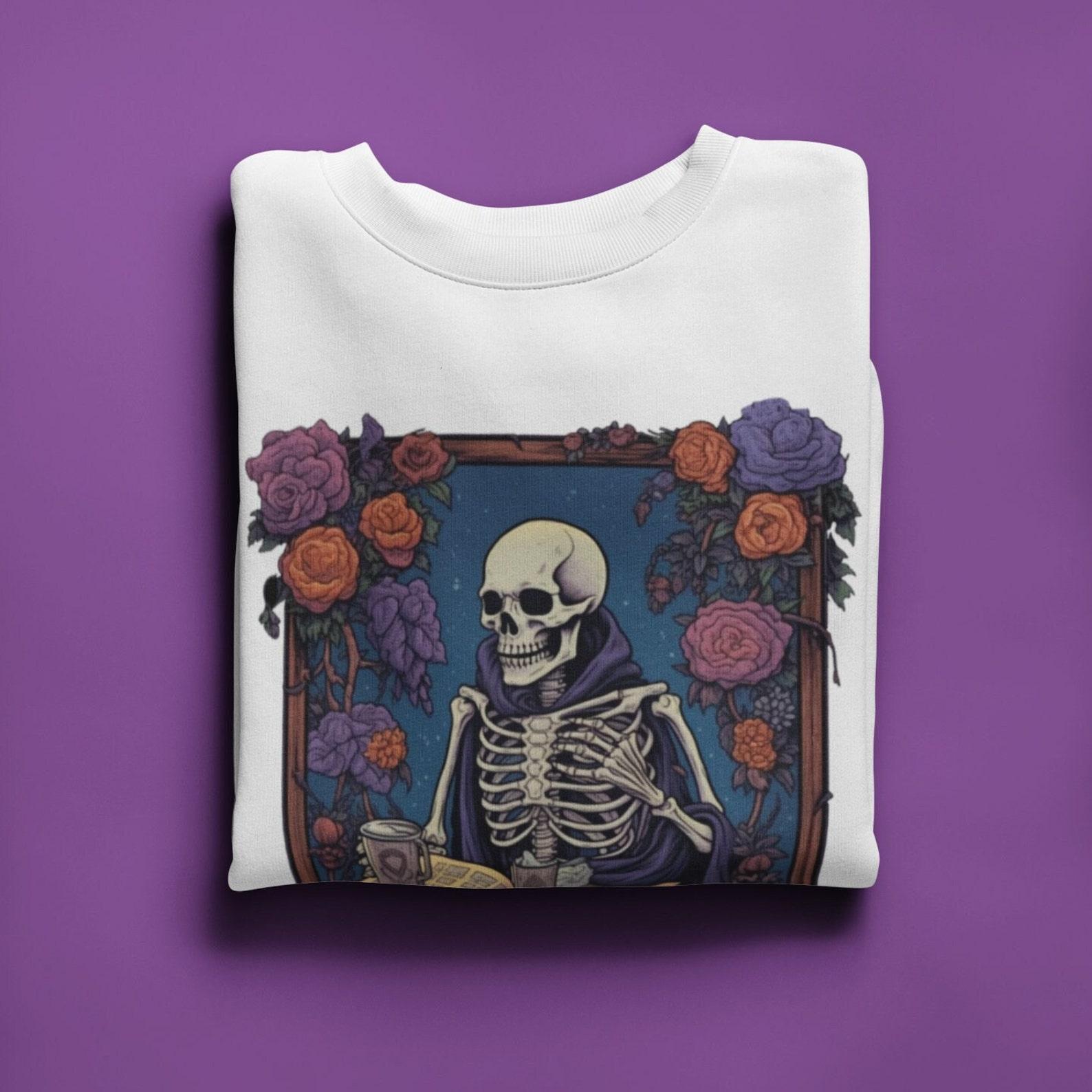 Floral Skeleton Reading T-Shirt: Gothic Horror Unisex Tee 4XL