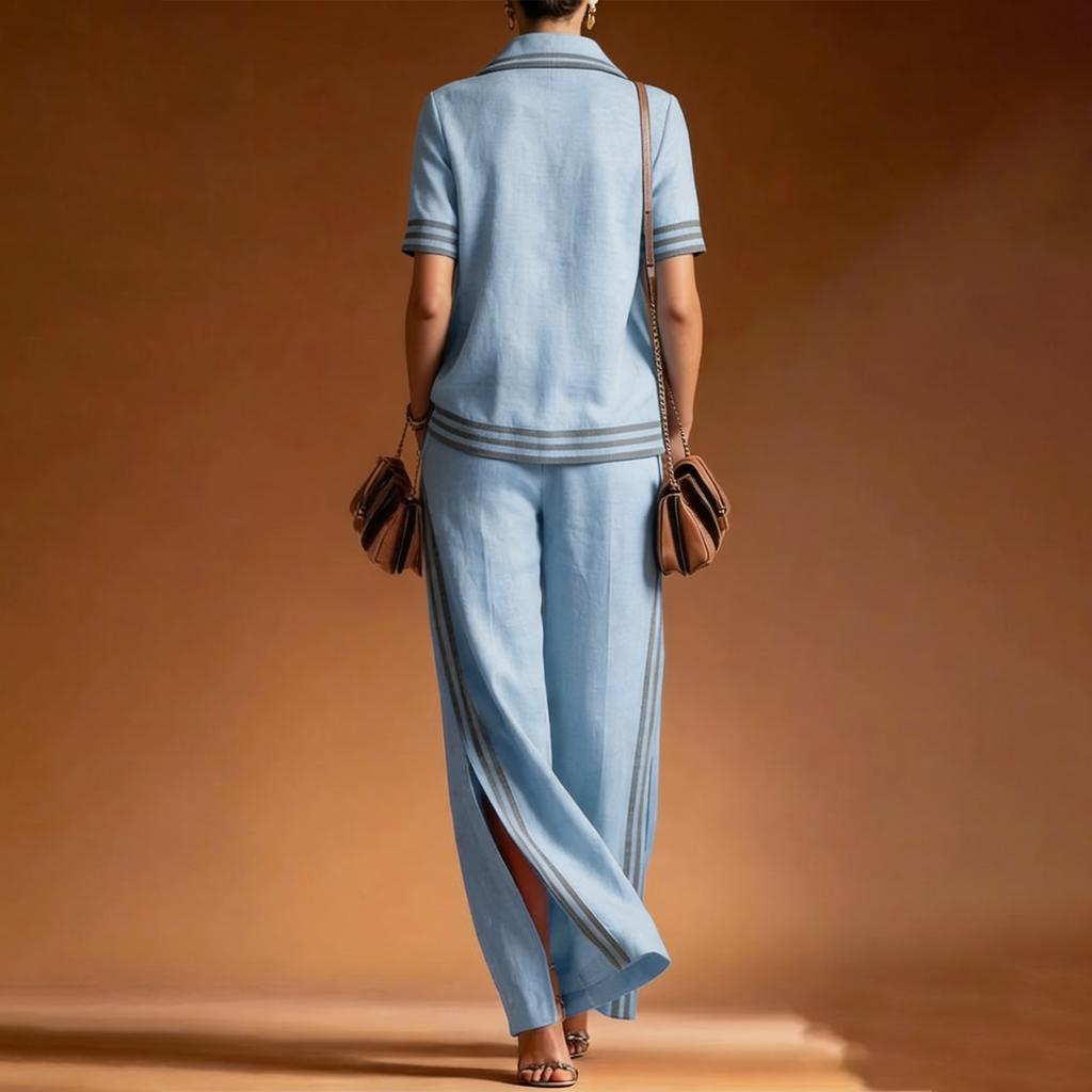 Conjunto de dos piezas para mujer, top casual de lino con cuello en V y pantalones, atuendo de dos piezas, corte relajado, tejido ligero y transpirable, adecuado para el uso diario