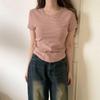 New Arrivals Open Run Women STripe Round Neck CoTTon Blend Spandex T shirT