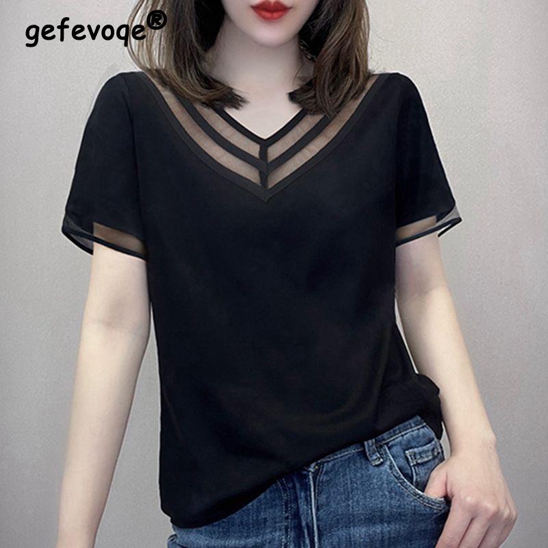 

Women Clothing 2024 Summer Trendy Sexy Sheer Mesh Patchwork Basic T-shirt Y2K Female Casual Black V Neck Short Sleeve Loose Tops XXXL чорний