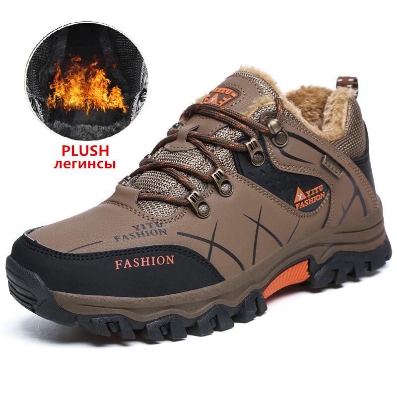 Brand Men's Winter Snow Boots Plush Warm Ankle Boots Waterproof Leather Sneakers Outdoor Male Hiking Boots Work Shoes Size 39-47