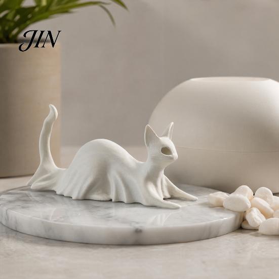 Unique Spooky Cat Display 3D Printed Ghost Statues, Halloween Haunted Kitten Figurines with Hollow Eyes Durable Statue & Flowing Drapes, Matte