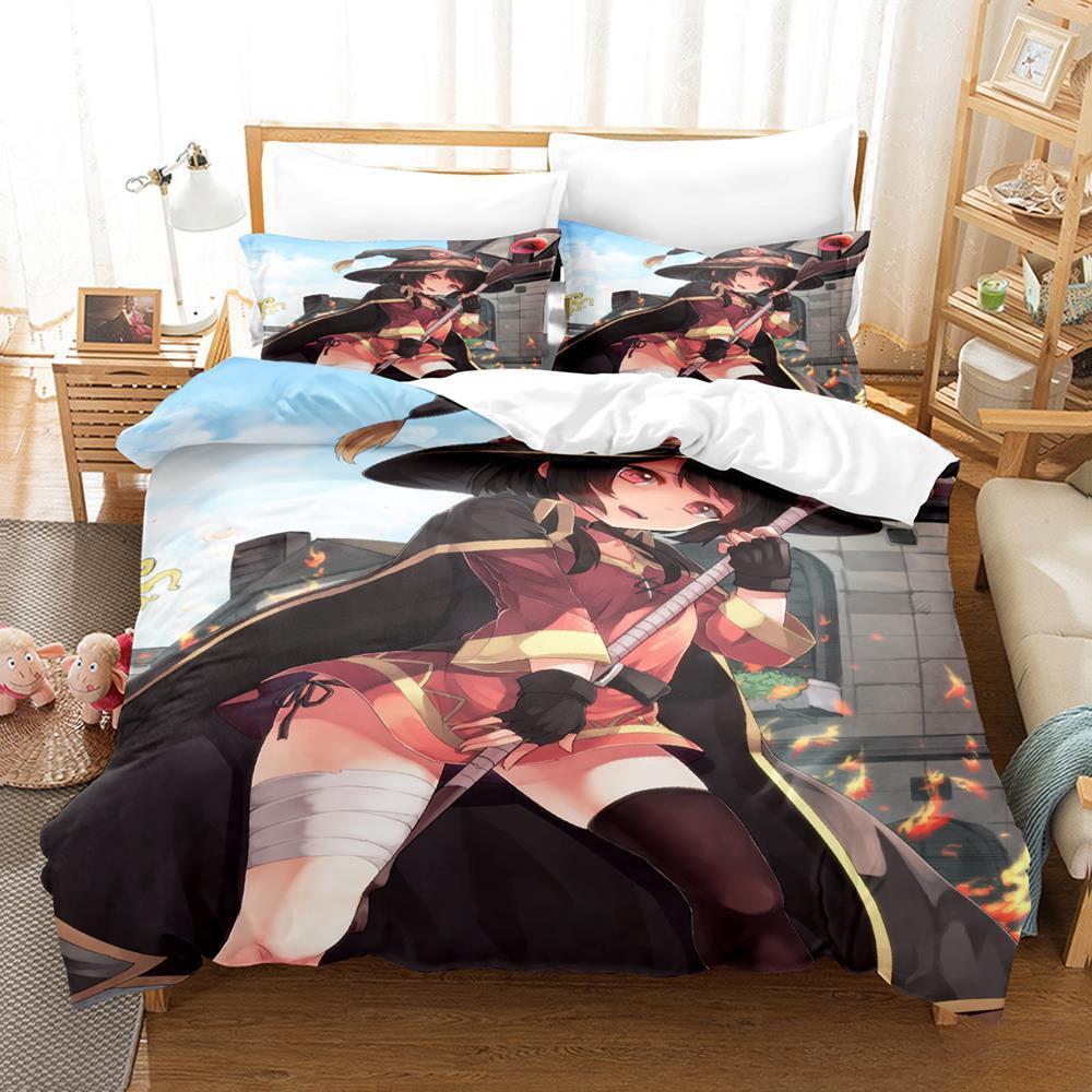 Kawaii KonoSuba Bettwäsche-Set Cartoon Anime dreiteiliges Set Erwachsene Kinder Schlafzimmer Bettbezug-Sets 3D Kawaii Mädchen King Size Bettsets