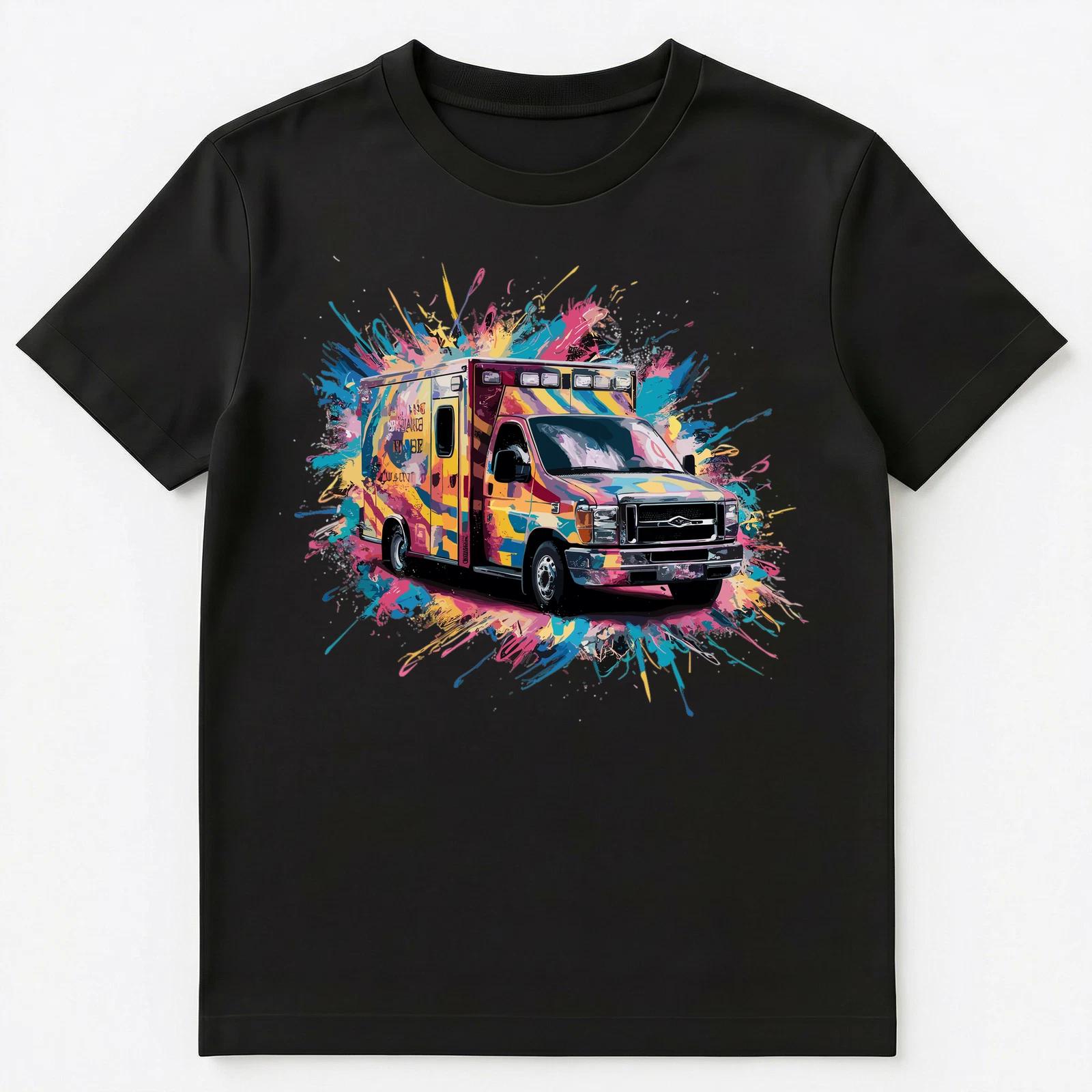 Colorful Paint Splash Ambulance Car Art Graphic Unisex T-Shirt 2XL