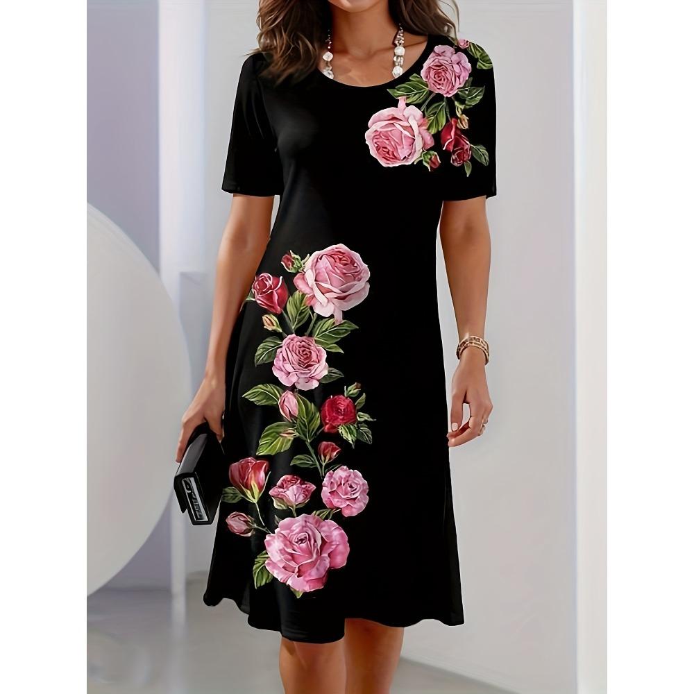 Floral pattern 3D printed women's street fashion short-sleeved round-neck mini dress