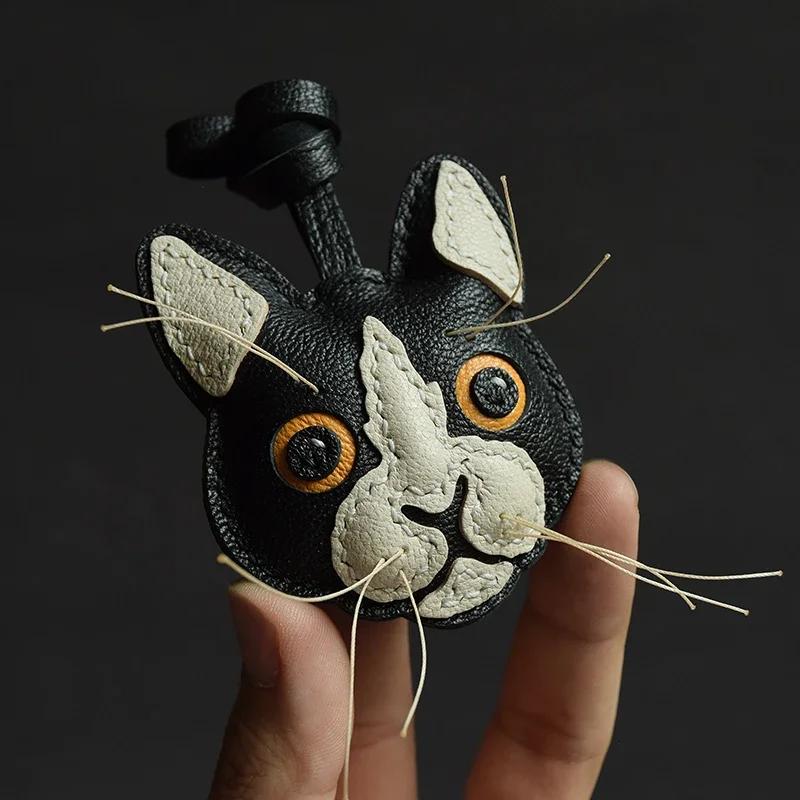 

Handmade Leather Black Cat Bag Charm KeyChain Key Ring