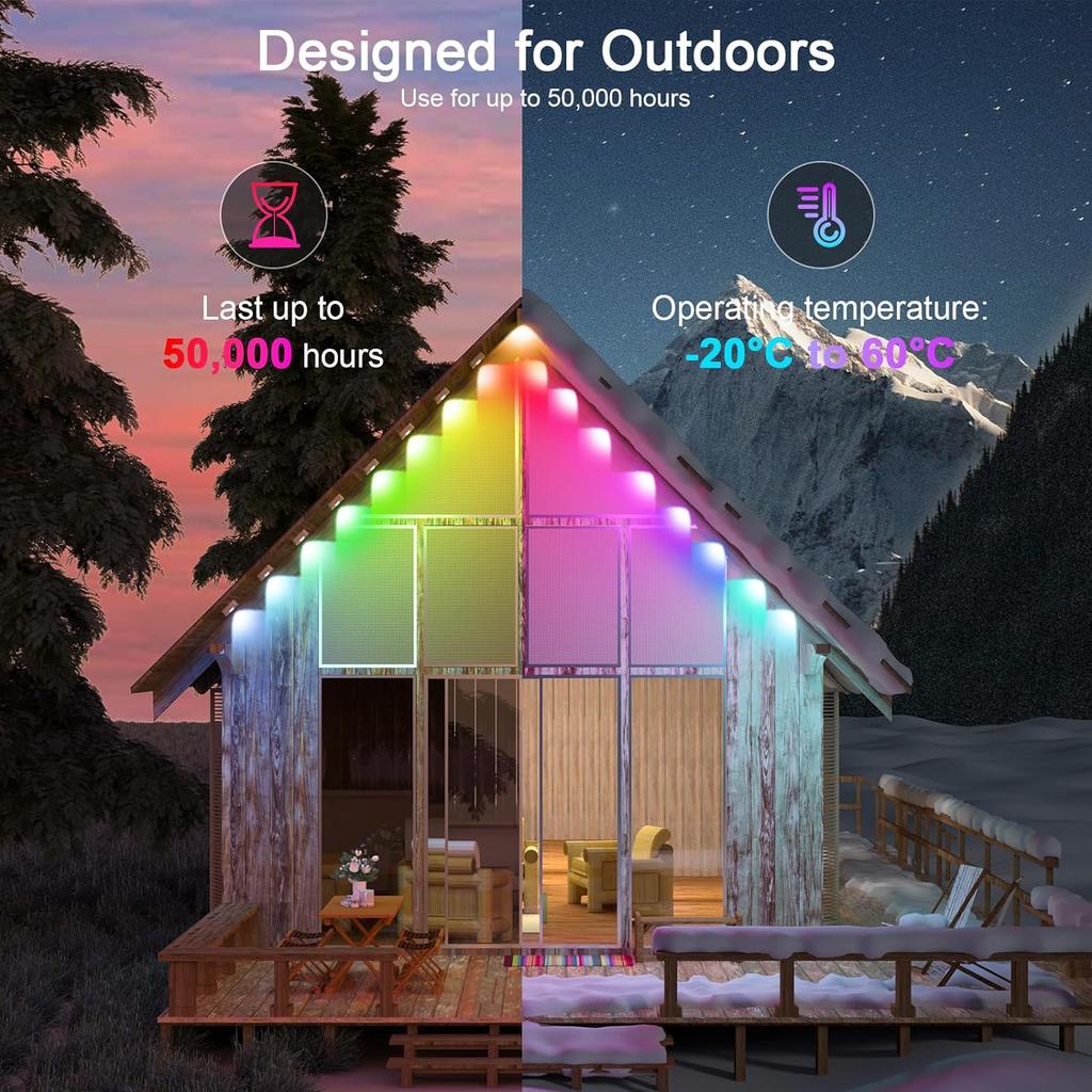 20M Permanent Outdoor Lights Smart RGBIC LED Eaves Lights with App/Remote Control Full House Flashing Lighting Christmas Decor