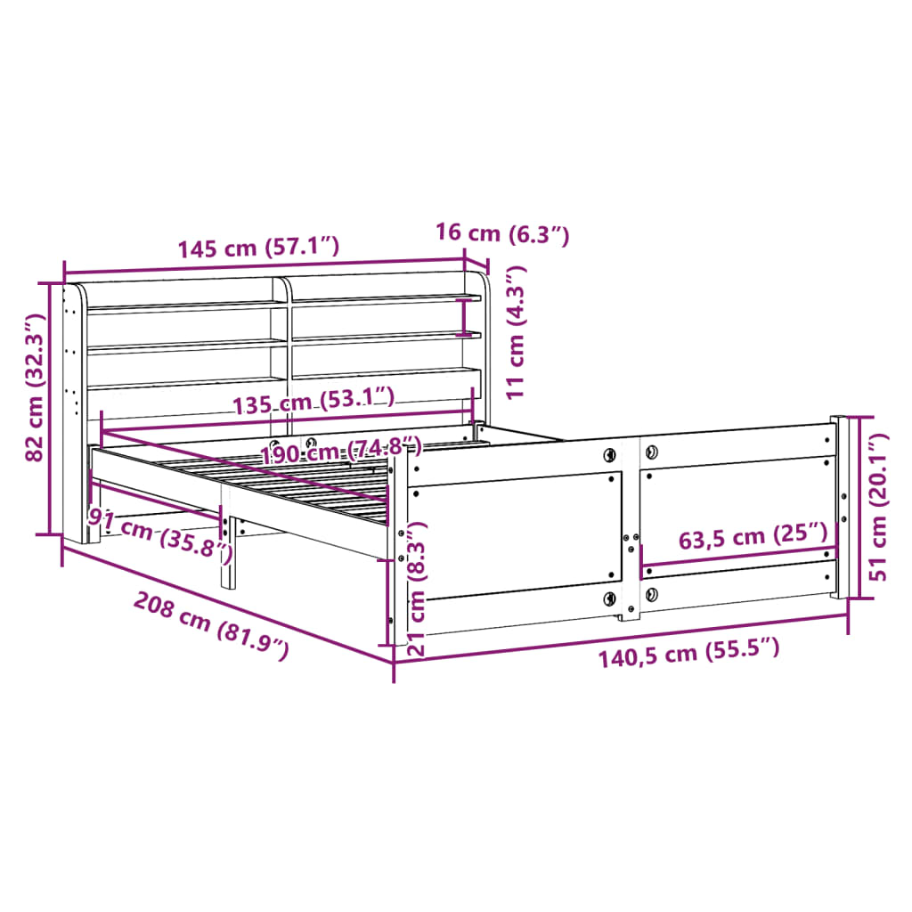 Wooden Bed Frame with Headboard Without Mattress 135 X 190 Cm