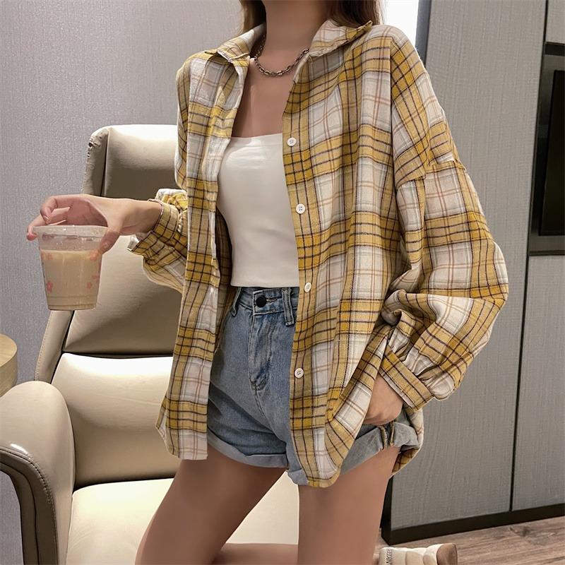 Camicie a quadri larghe semplici vintage primaverili da donna, moda a maniche lunghe, taglie forti, casual, camicette da donna, monopetto, slim, da ufficio, da donna, 26107