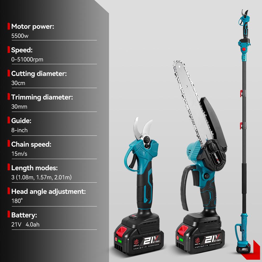 8inch Brushless Electric Telescoping Pole Saw Scissors 3IN1 5500W High Branch Chainsaw Garden Pruner Tool For 21V 18V Battery