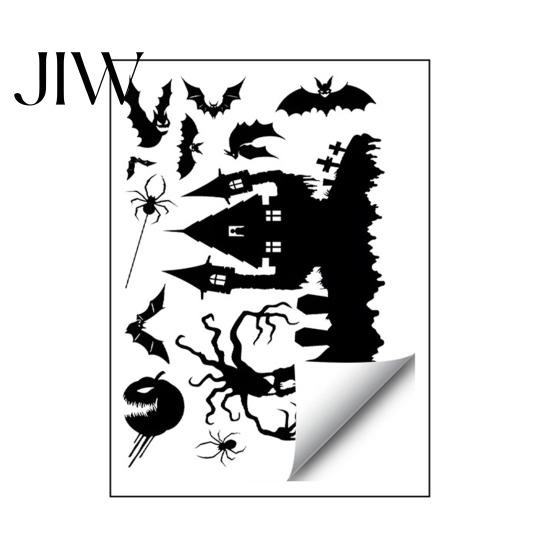Living Room Wall Murals Halloween Static Sticker, with Witch/Ghost/Castle/Bat Horror Silhouette Patterns, Durable PVC Theme Home Decor Decals,