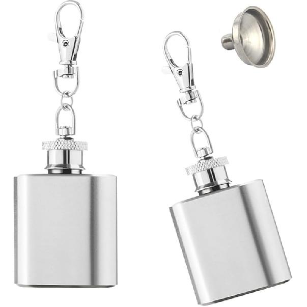 2PCS Mini Pocket Wine Bottle Stainless Steel Material Portable Keychain Flask Stainless Steel 2oz Pocket Whiskey Bottle, Hip Flask with Funnel for 1oz