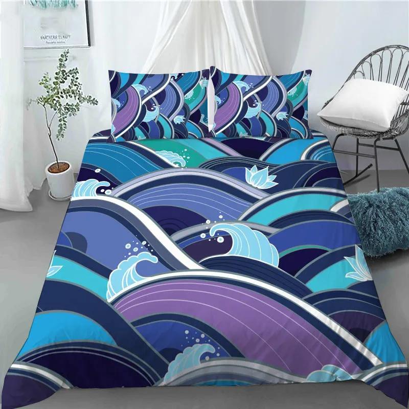 3D Japanese Wave Pattern Duvet Cover Set Fashion Polyester Quilt Cover With Pillowcase For Children Women Home Room Decor Gifts