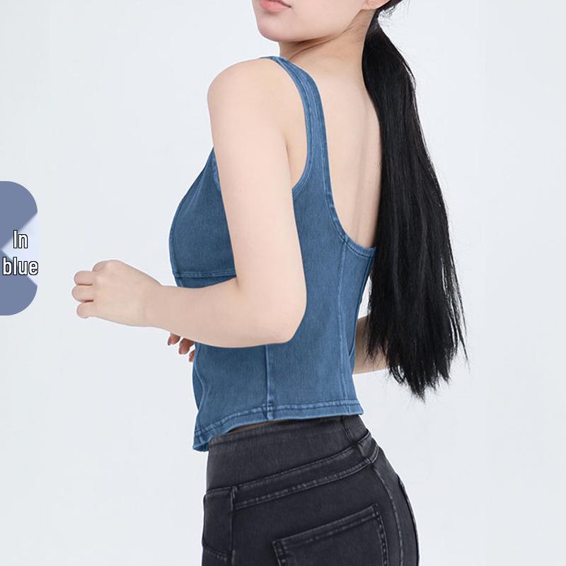 

Женский эластичный джинсовый топ для йоги с нагрудной вставкой и стильным дизайном спины Double Extra Large средний синий