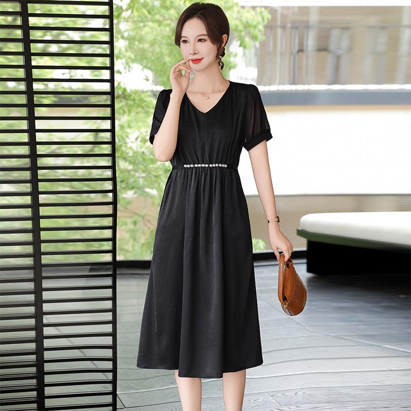 

Mom s Summer Elegant Waist-Cinched Slimming Dress: Short-Sleeved Mid-Length Skirt for Mature Women - 2026 New Style. XL [105-120 lbs] чёрный