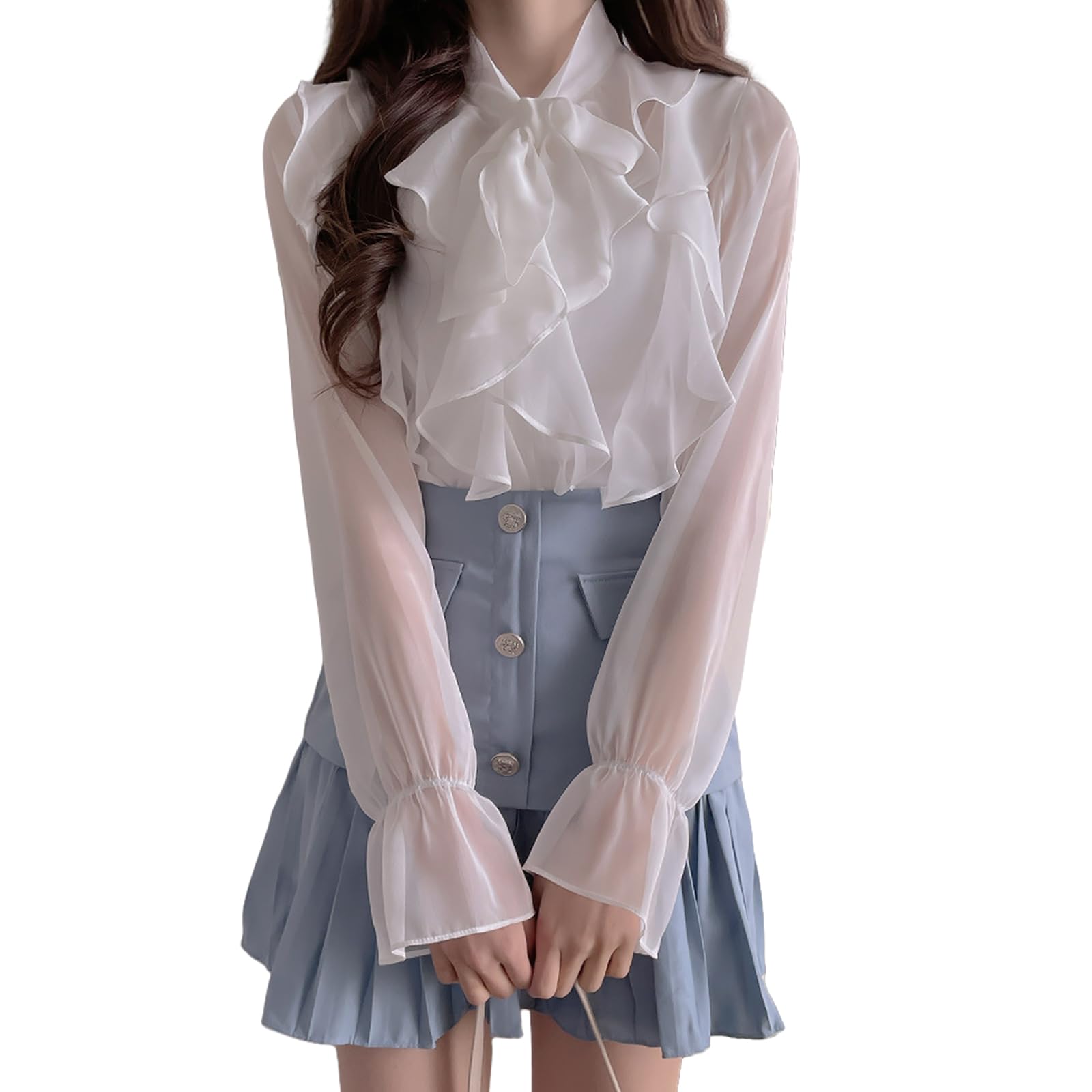 

MEME XTRA Bow Tie Ribbon Chiffon Ruffled Sheer Long Bell Loose Women s Blouse, See-Through Shirt, Blouse, Sleeves, Sheer, Cool, Sleeves, Gorgeous, белый