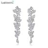 LUOTEEMI Hot Trendy Rhodium Gold Plated Long Tassel Chained Earrings Full Diamond Zircon Bling Bling Leaf Flower Drop Earring