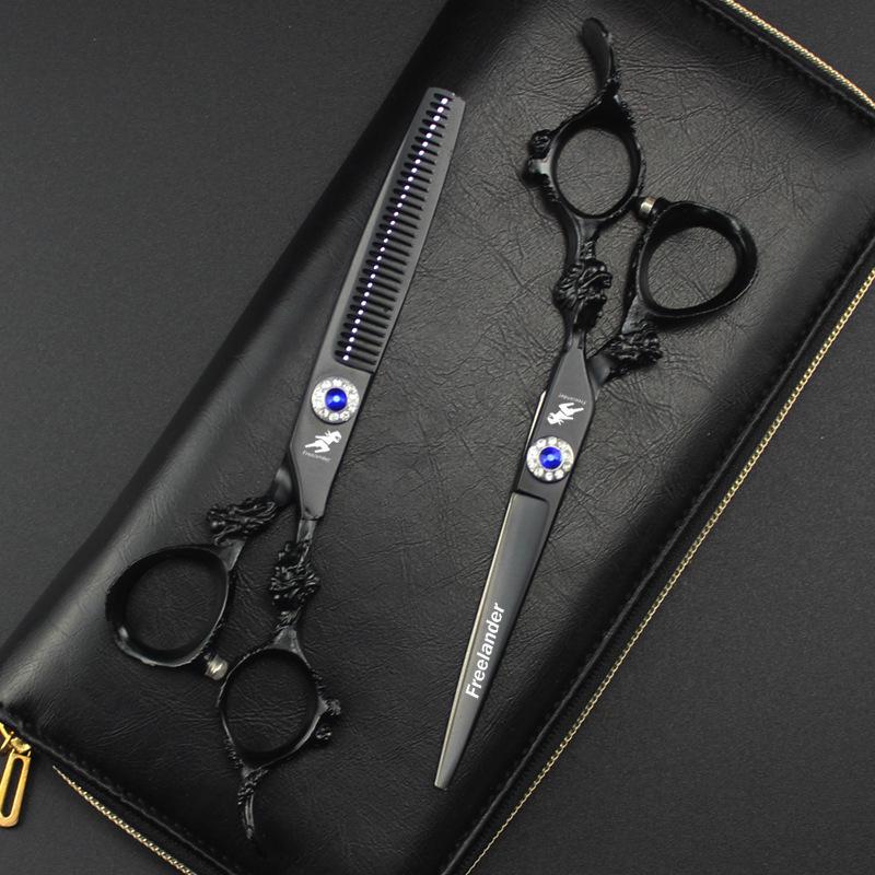 6.0" Black Painted Dragon Handle Hairdressing Scissors - Straight & Serrated Styles, DL1-0401