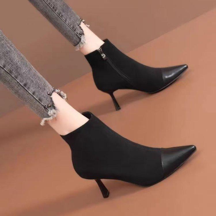 Pointed thin heel short boots autumn new French temperament elastic high heel socks boots thin heel boots