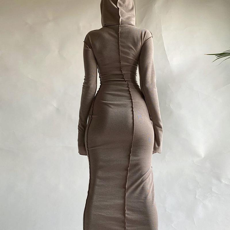 Uzun Kollu Kapşonlu Patchwork Sıska Maxi Elbise Sonbahar Kış Kadın Moda Sokak Şıklığı Rahat Kıyafetler