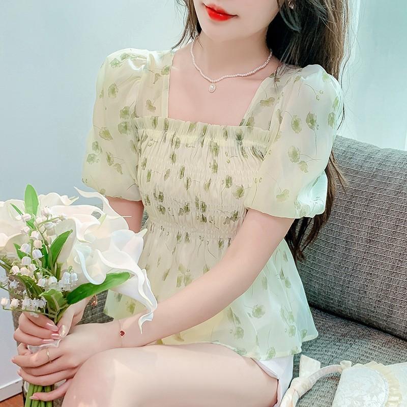 Princess short square collar coffee break light color new flared sleeves slim slim and sweet French casual short-sleeved top women