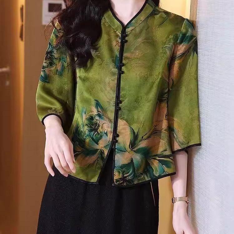 

Новый женский топ с цветочным принтом 2025, весенне-летний топ для мамы, супер фея, премиум-топ 3XL (recommended 138-75kg) зелёный