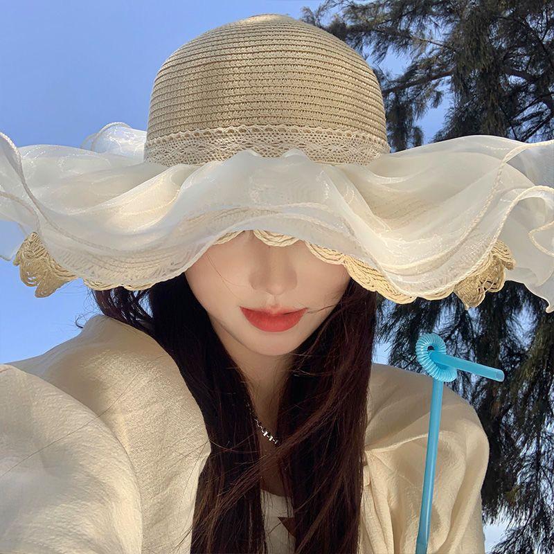 Lace Big Brim Straw Hat Women's Summer Seaside Beach Shade Sunscreen Hat Straw Cover Full Face UV Protection Hat
