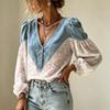 Damska jesienna vintage jeansowa koszula z dekoltem w serek i długim rękawem, patchwork