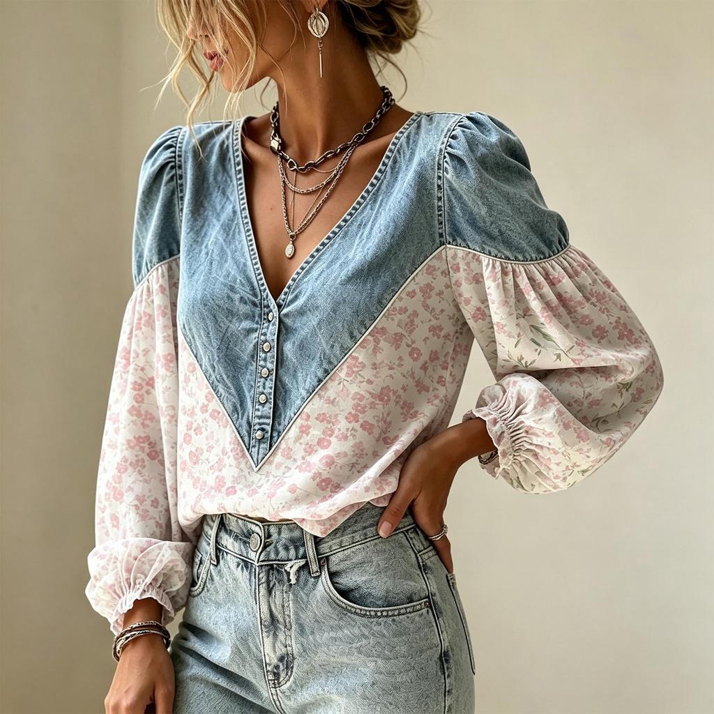 Damska jesienna vintage jeansowa koszula z dekoltem w serek i długim rękawem, patchwork