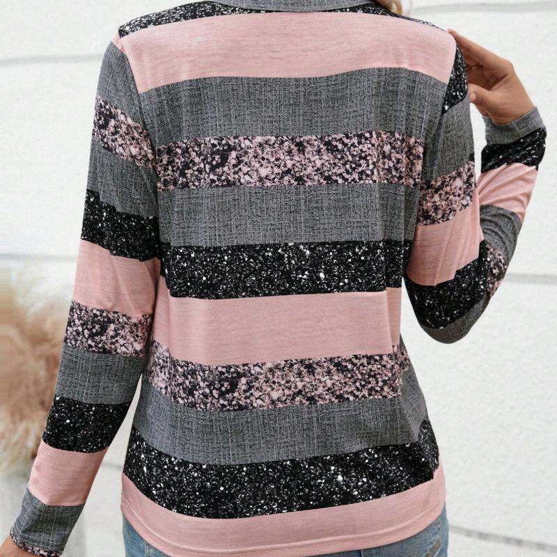 Long Sleeve Striped V-Neck Splicing Button Casual Top T-Shirt Women