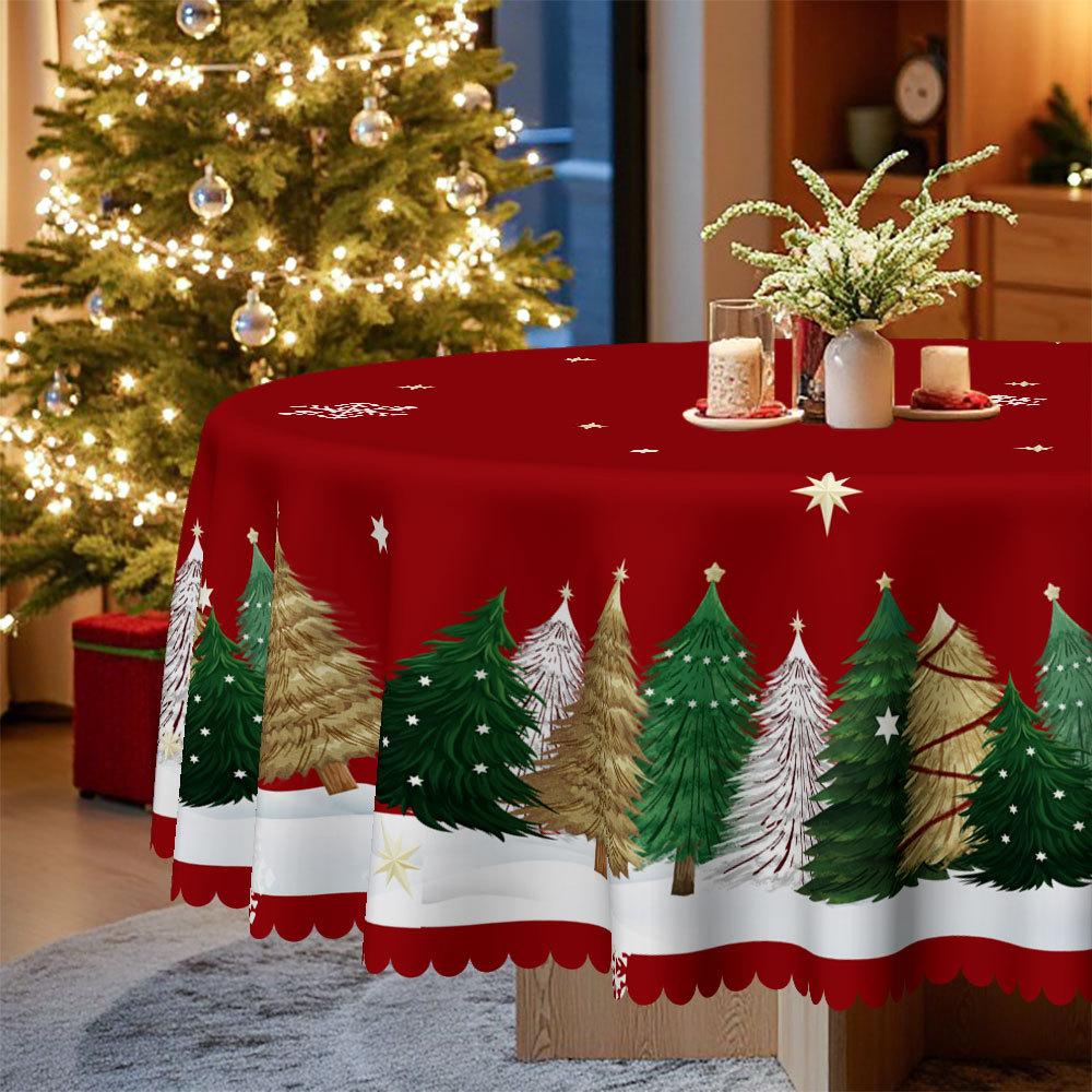 Red Christmas Grid Waterproof Dining Table Cloth, Rectangular/Round Snowflake Christmas Tree Pattern Light Luxury Dining Table Cloth