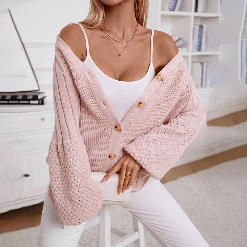 Pulover Tricotat cu Gât în V pentru Femei, cu Nasturi, Culoare Solidă, Larg, cu Mâneci Baloon