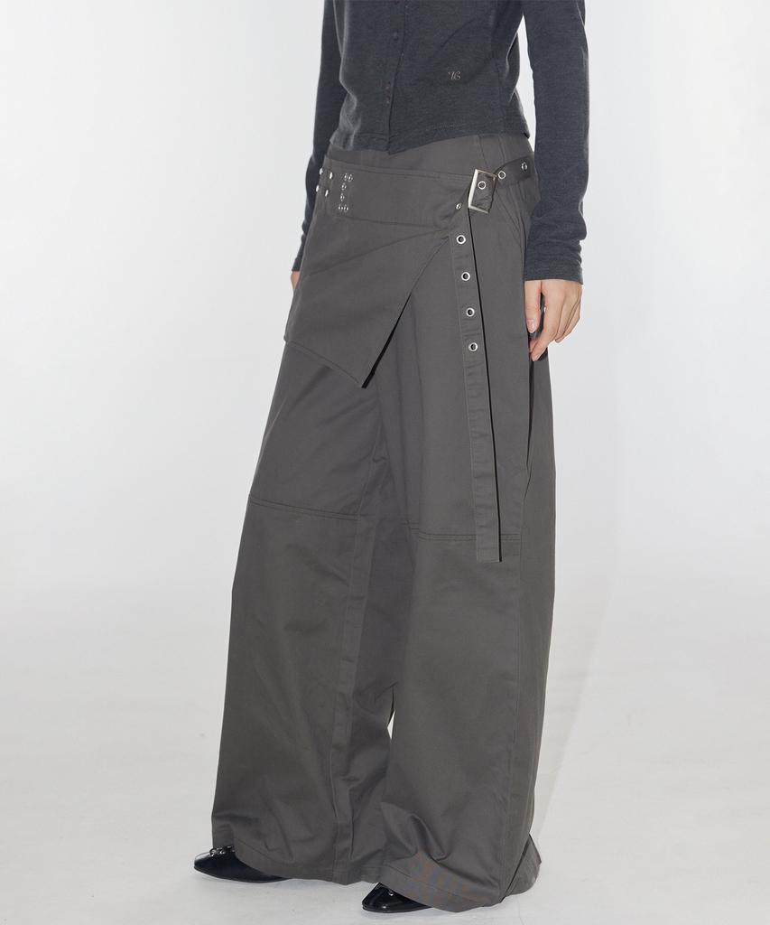 PLACE STUDIO Eyelet Belted Wrap Layered Cotton Wide Two-Piece Pants Set [Charcoal]