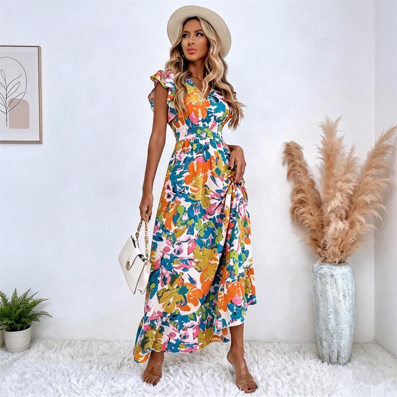 

V-neck Print Dress Women Sleeveless A-Line Ankle-Length High Waist S-6XL 6XL