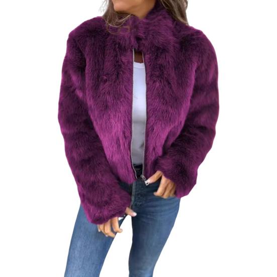 

Зимова жіноча куртка зі штучного лисячого хутра з високим коміром. Затишна куртка на блискавці. Однотонний верхній одяг для знаменитостей у холодну погоду. XL фіолетовий