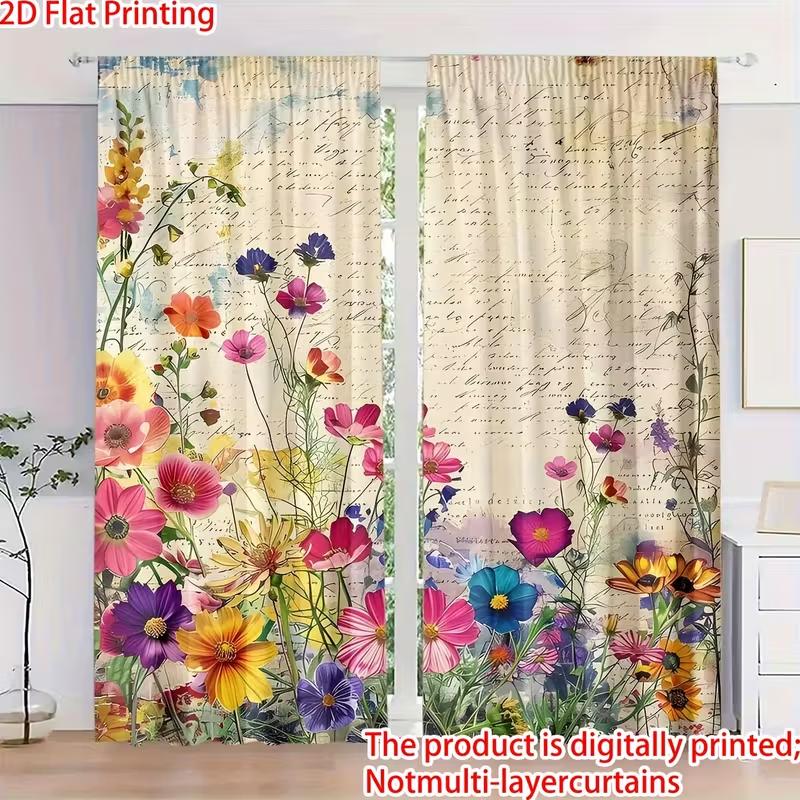 2PC Vintage Letter Floral Sheer Curtains - Nostalgic Watercolor Print Window Drapes for Living Room Bedroom Decor