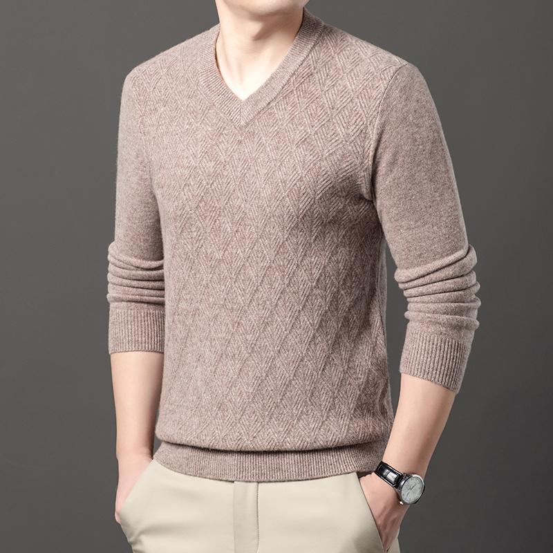 Autumn Winter 100% Sheep Wool Men's Sweater V-Neck Jacquard Smart Casual High Quality Knit Pullovers